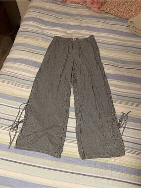 aerie Black & White Gingham Wide-Leg Tie-Hem Pants